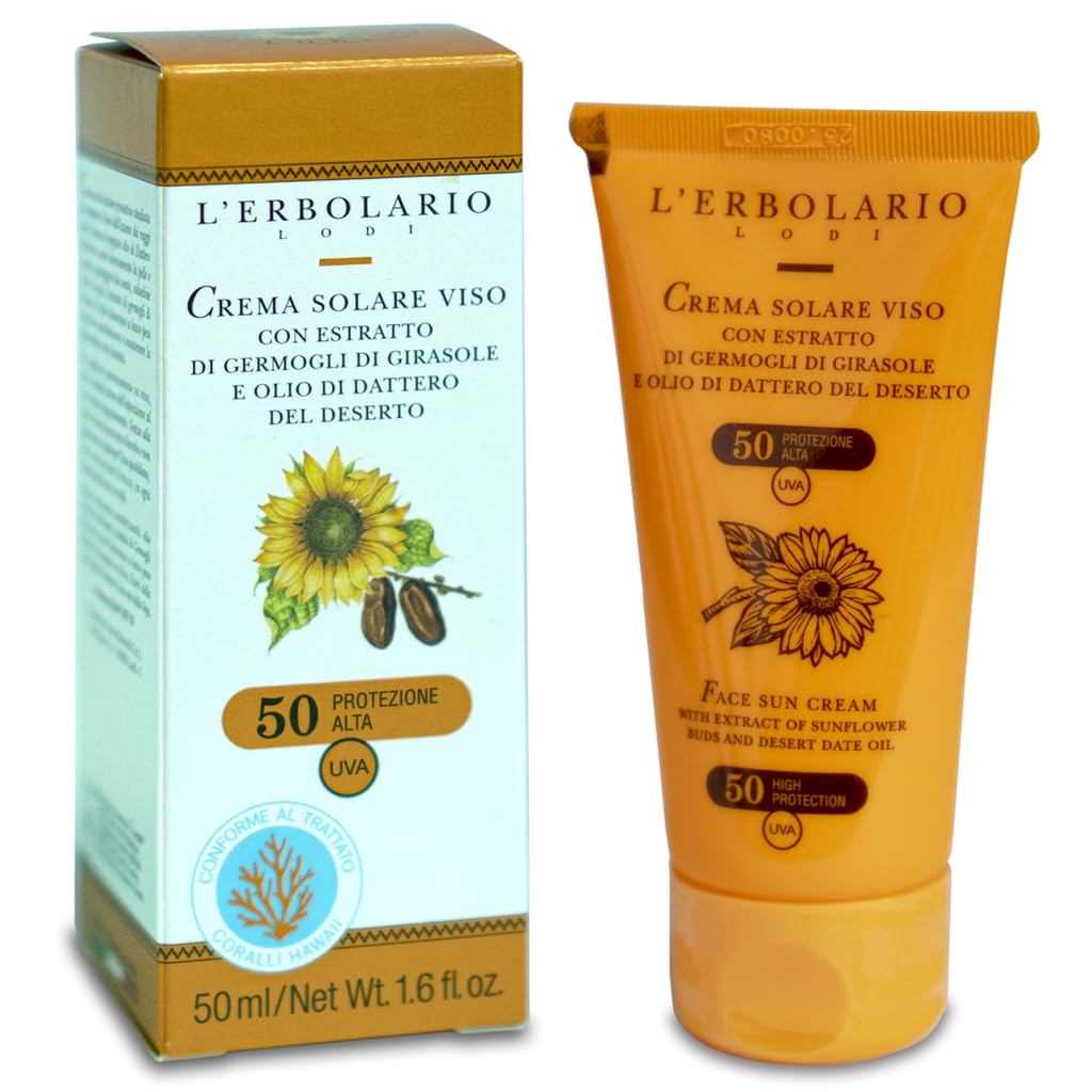 2x Erbolario - CREMA SOLARE VISO SPF 50-50 ml - Protezione alta con estratto di girasole, olio di dattero del deserto e acido ialuronico