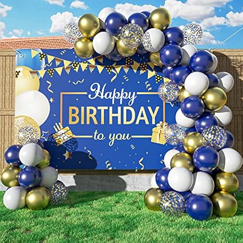 Navy Blue Birthday Party Decorations, Blue Gold Balloon Arch Kit with 50 Pieces Latex Confetti Balloons Happy Birthday Backdrop Banner for Boys Girls Men Women Birthday Party Decor (Navy Blue Gold) Cover