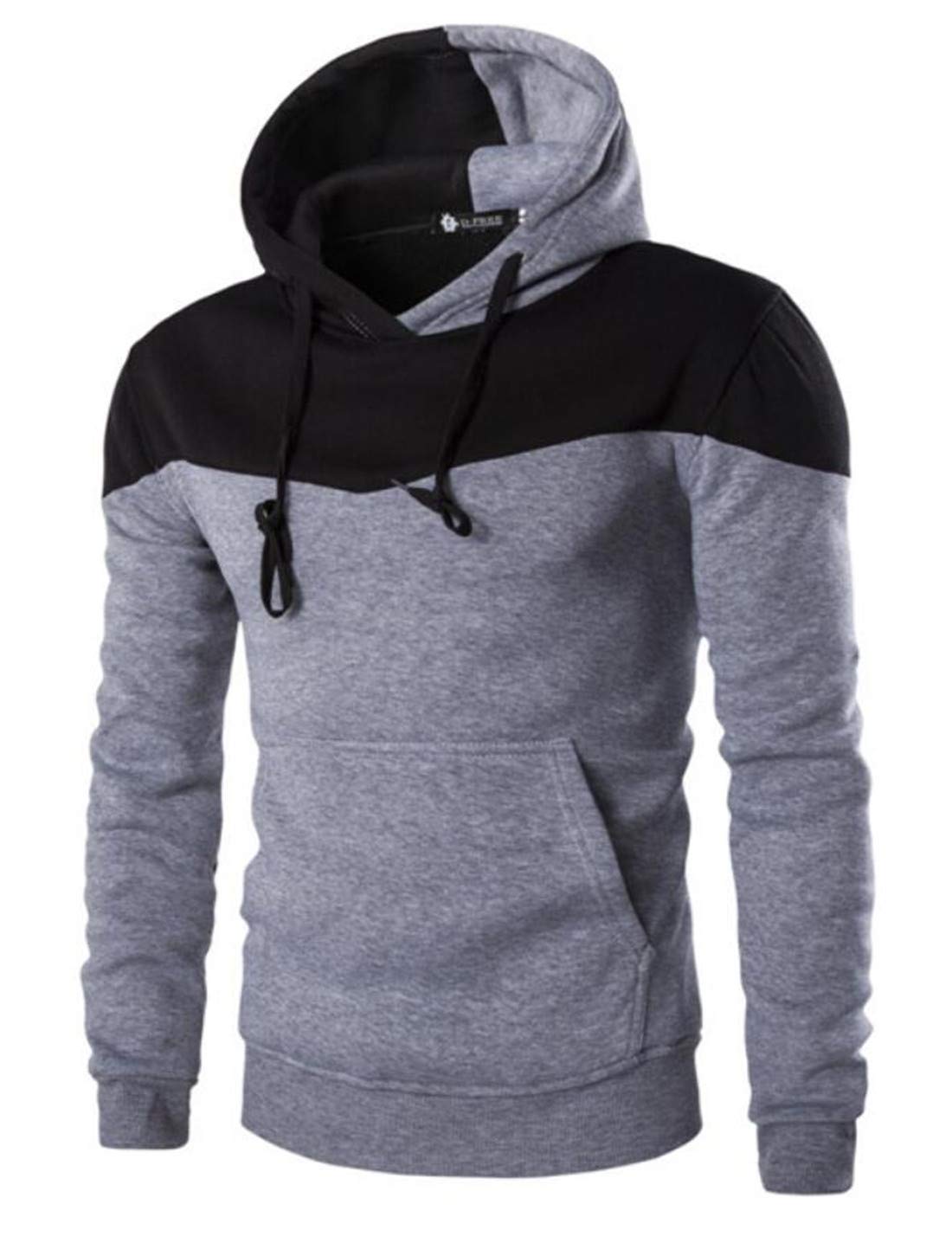 KLJR MenLong Sleeve Patchwork Contrast Drawstring Sweatshirt Hoodie