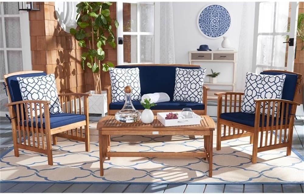 Pemberly Row Transitional 4-Pc Outdoor Sofa Set, Acacia Wood & Galvanized Steel, Natural/Navy Finish, Weather-Resistant, Includes Chair, Bench & Table, Patio, Garden, or Poolside Furniture