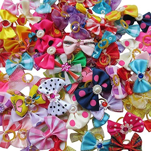 Chenkou Craft Random of 20pcs Puppy Yorkie Dog Hair Bow with Rubber Band Rhinestone Pet Grooming Products Mix Colors Varies Patterns Pet Hair Bows Dog Accessories