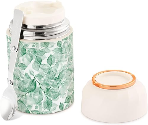Watercolor Leaves Food Jar with Spoon Stainless Steel Vacuum Insulated Food Container 17 oz Thermos for Adults