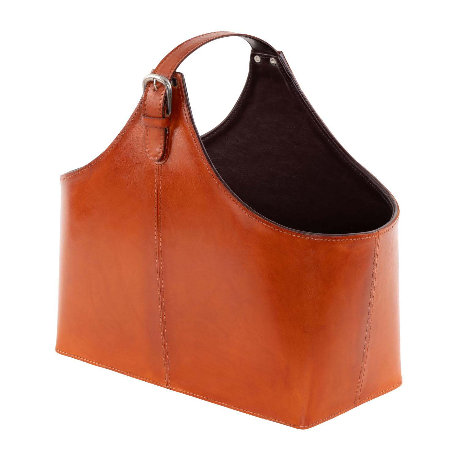 Deco 79 Leather Handmade Magazine Holder Box Style Single Slot with Curved Buckle Handle, 16" x 8" x 14", Brown