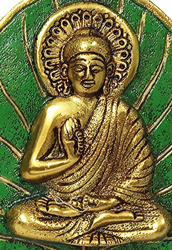 Purpledip Metal Wall Hanging Buddha: Gold Finish Buddha Idol On Painted Leaf (12188) #TOP2