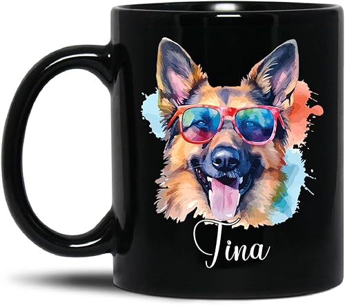 German Shepherd Wearing Sunglasses Coffee Mug, Pet Dog Cup, Personalized German Shepherd Pottery Mug With Name, Customized Pet Memorial Cup Gift