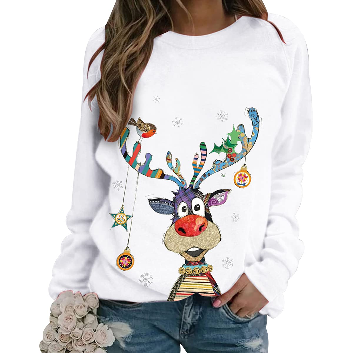 Pull Noel Femme Col Rond- Sweat Noël Imprimé Moche-Tee Shirt Manche Longue Automne Et Hiver Sans Capuche Décontractés Christmas Noël Sweatshirts