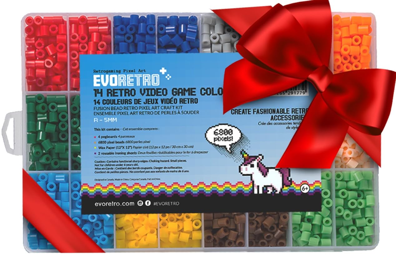 EVORETRO Perler Beads Kit in a Box - 6,800 Fuse Beads Kit with 14 Bright Gaming Colors - Melting Beads Set Including Peg Boards, Pliers, Extra Black &