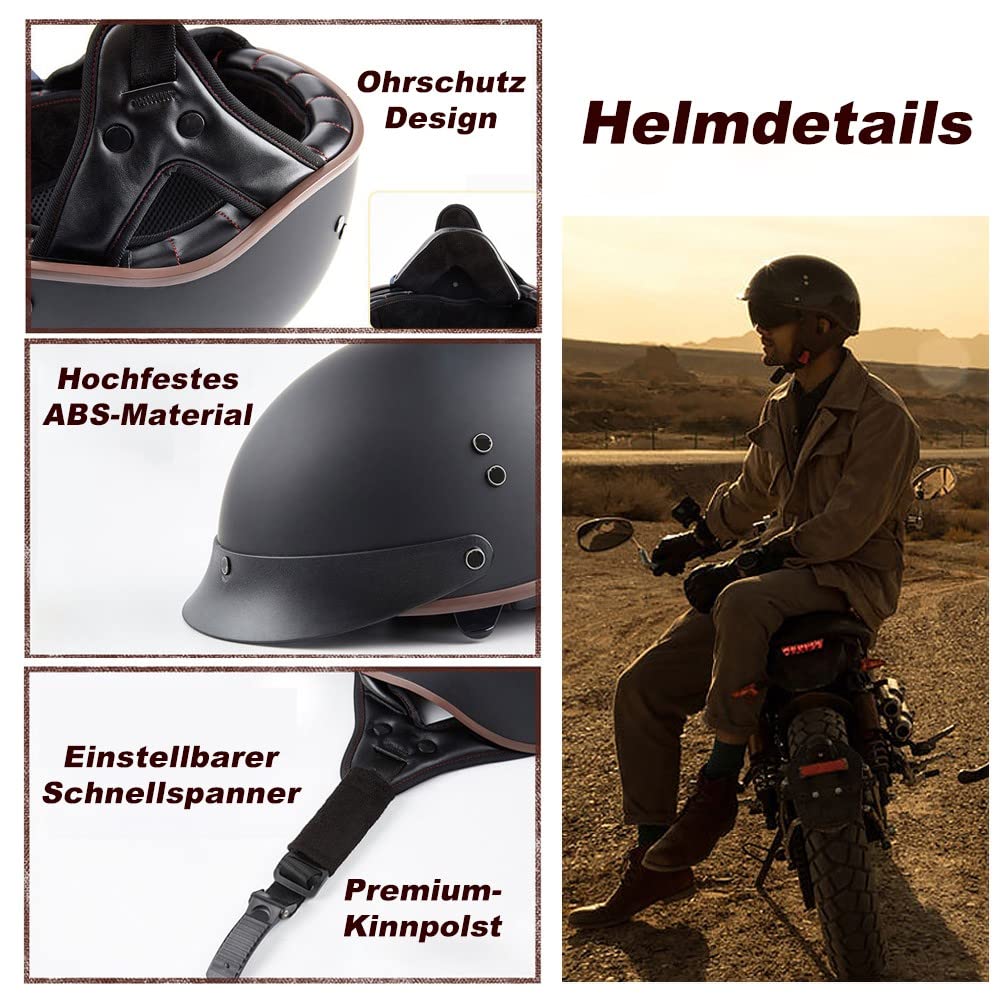 Halbschalenhelm mit ECE, Jethelm Retro, Chopper Helm, Retro Motorrad Helm, Scooter-Helm, Offenem Helm, mit Sonnenblende und Herausnehmbares Atmungsaktives Futter M~XXL 57~64CM