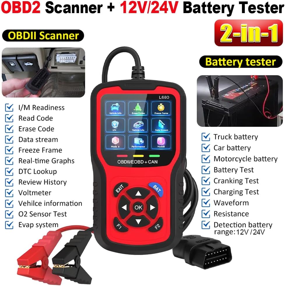 2-in-1 OBD2 Scanner with Battery Tester: 1S Read & Clear Check Engine Codes + Test Battery in 3 Mins - DIY Car Diagnostic Tool with Cold Cranking Amps for Pre-Trip Safety on 1996+ Vehicles
