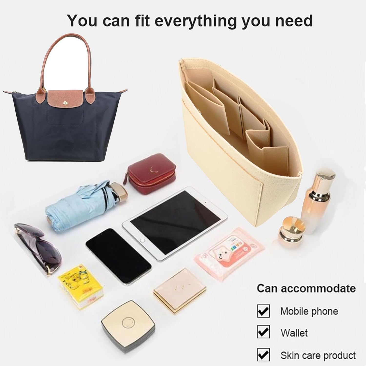 Lckaey Purse Organizer Insert for Longchamp Le Pliage(Large) Handbags Insert Organizer 1012BEIGE-medium