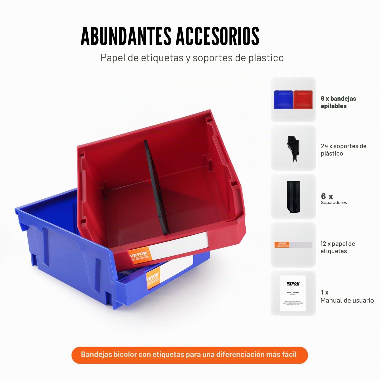 VEVOR Contenedor de Pernos 6 Cajas de Almacenamiento Apilables para Taller 276 x 279 x 128 mm Combinación Azul/Roja Contenedor de Herramientas para Armario, Cocina, Oficina, Despensa, Estante, Pared