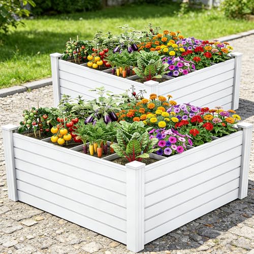 YITAHOME 48x48x24 in Plastic Raised Garden Bed 2pcs with Growth Grid, Large Outdoor Vinyl Planter Box for Plants, Vegetables, and Flowers, Easy Instal