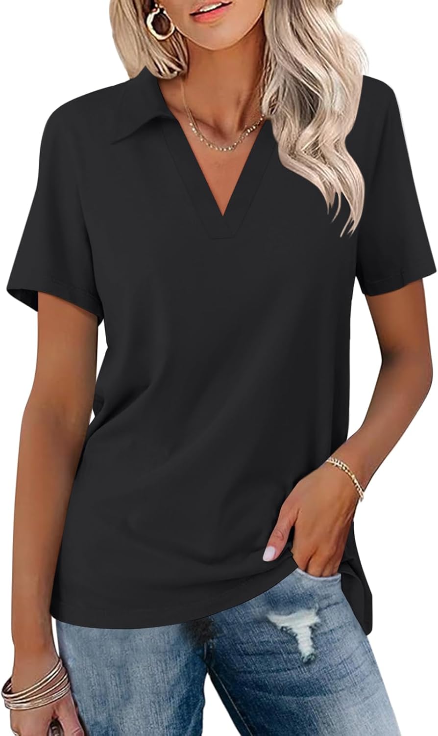 TICTICMISS Women's Polo Shirts Short Sleeve V Neck Summer Tops Business Casual Collared Shirts Loose Tees