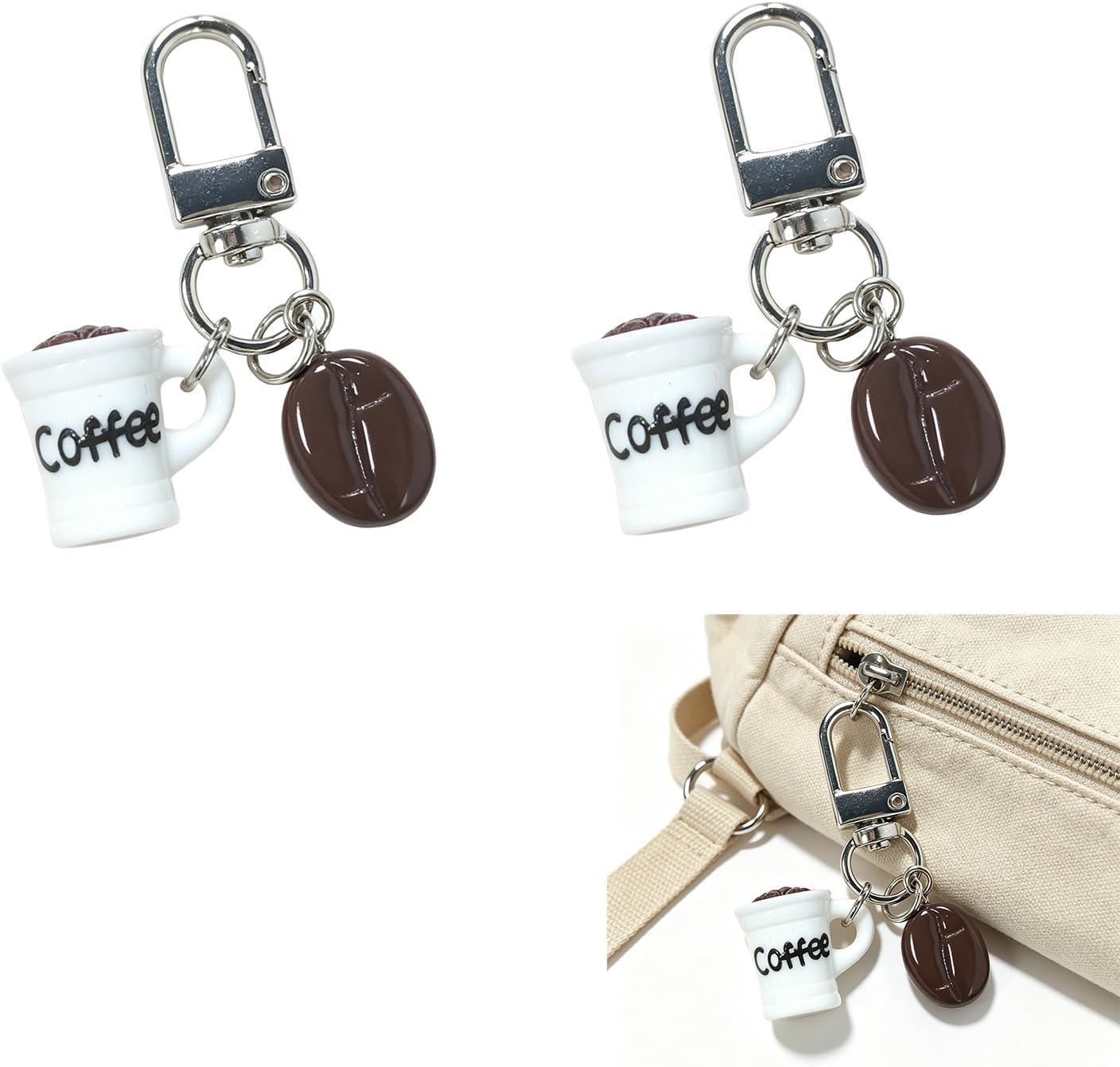Coffee Cup Keychain 2 Pack, Mini Resin Charm with Coffee Bean Pendant