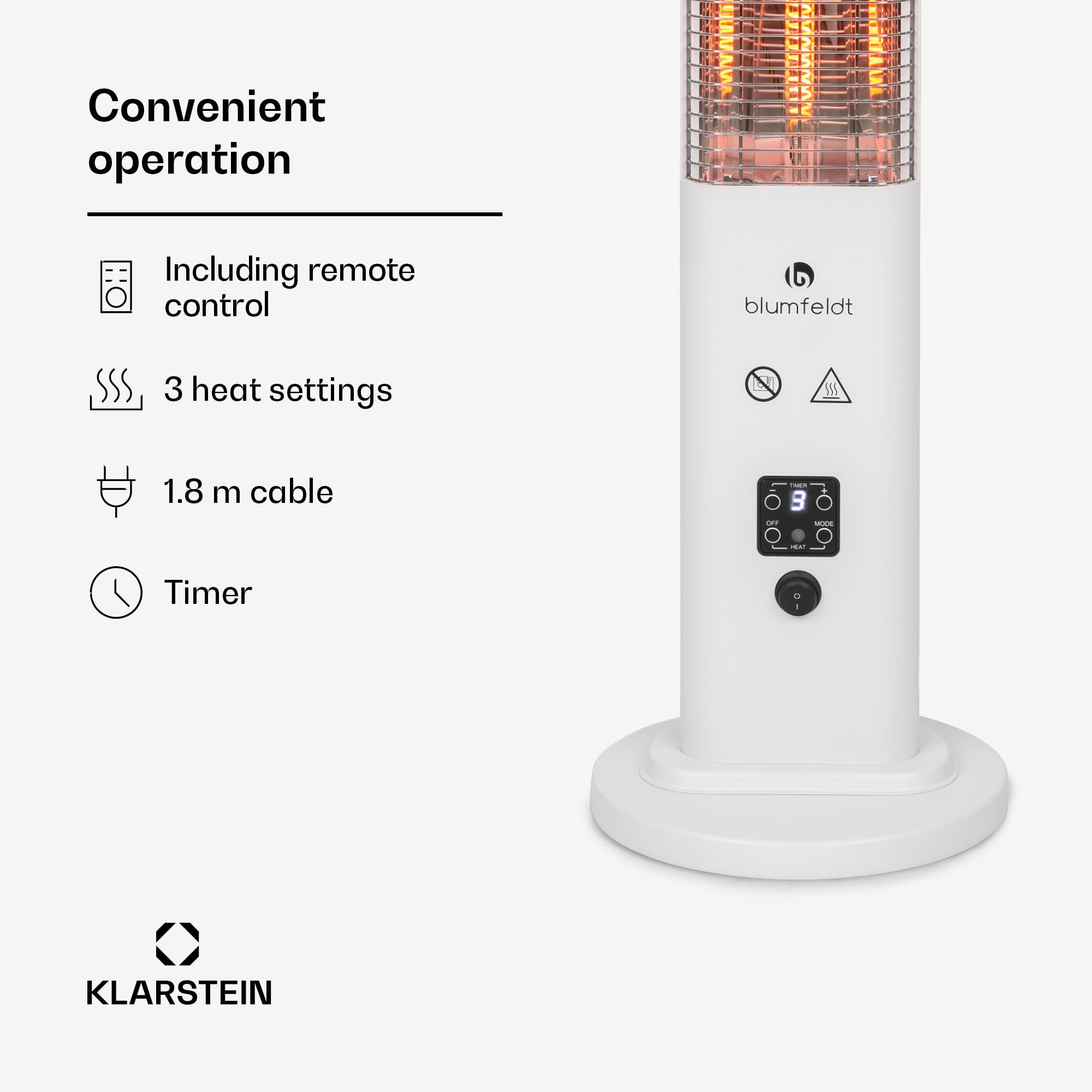 Blumfeldt Heat Guru Plus - Promiennik In & Out, ogrzewanie postojowe, moc: 1200 W, 9-godzinny timer, węglowy element grzewczy, 3 stopnie grzania, obudowa ze stopu aluminium anodowanego - kolor biały