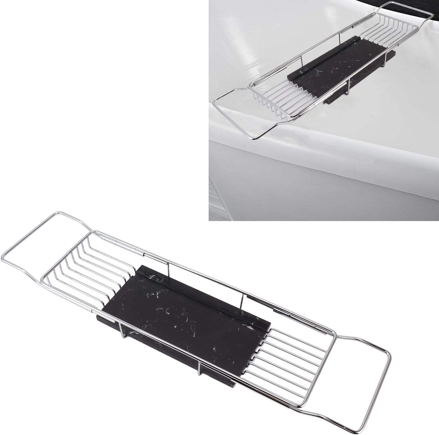 Metal Marble Bathtub Rack, Expandable Bathtub Tray, Space Saving Design - Anti Slip, Multi Functional Use, Ideal for Bathroom and Kitchen (Silver Black)