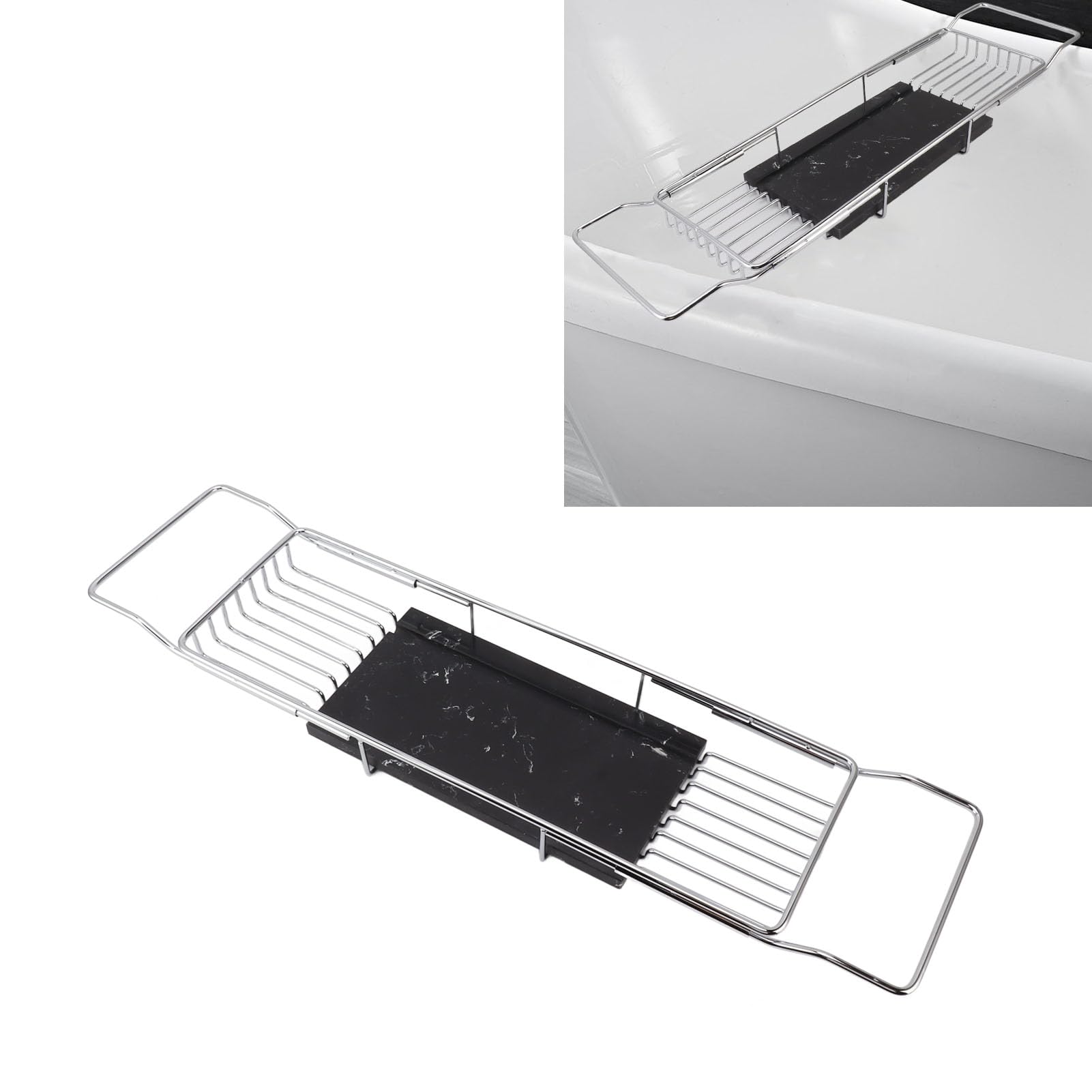 Bandeja de metal de mármol para bañera, estante de baño expandible de lujo para bañera, multifuncional, elegante diseño plateado y negro, perfecto para baños relajantes