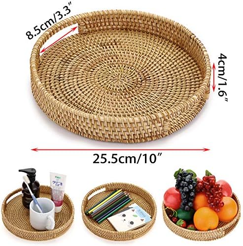 Sumnacon Round Rattan Woven Serving Tray Decorative Display Tray Storage Platters with Handle Table Desktop Organiser Tray for coffer,Drink,Breakfast,Tea,Candle 25cm