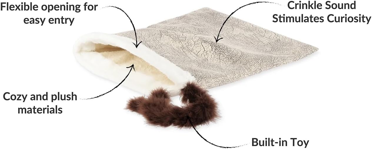 P.L.A.Y. Cat Crinkle Sack with Feather for Indoor Cats & Kittens - Collapsible Tunnel Bag, Interactive Hide & Seek Cat Toy, Sleeping Bag - Made with Cozy Plush Upcycled Materials (Sepia Espresso)