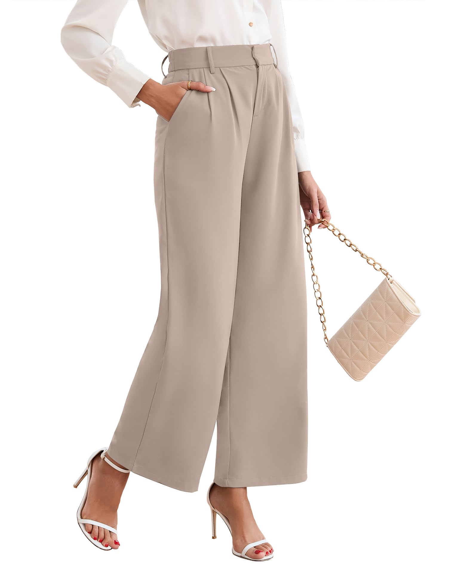 TASAMO Women High Waist Wide Leg Pants Elastic Waisted in The Back Office Business Casual Work Trousers Straight