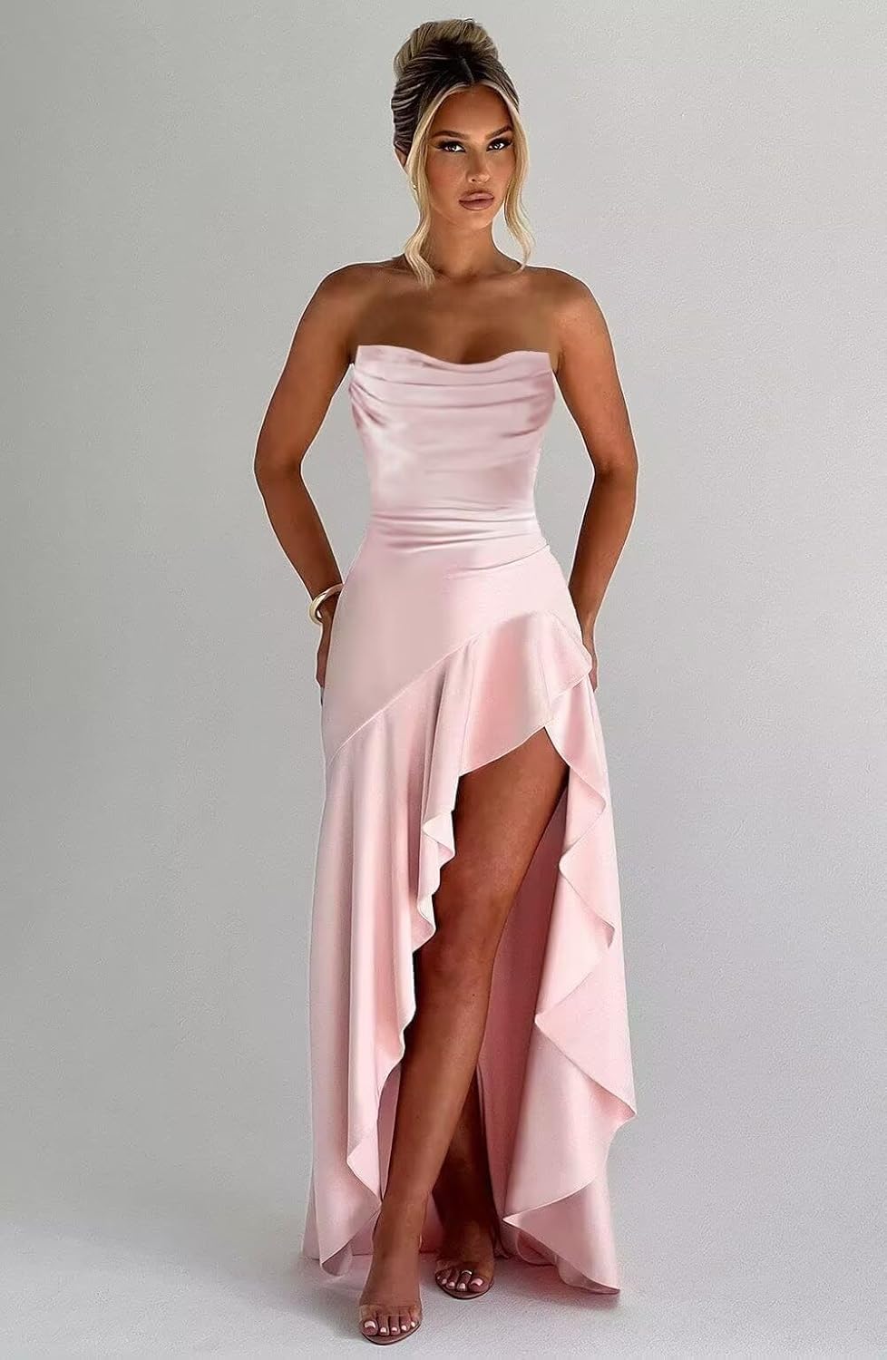 Strapless Prom Dress for Teens 2026 High Low Slit Sheath Satin Long Evening Gowns Formal Dresses for Women