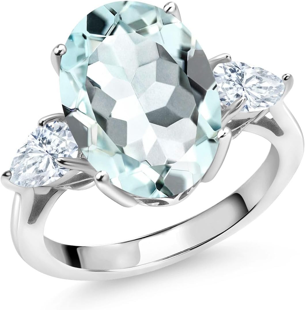 3-Stone Engagement Ring for Women | Gemstone Birthstone and White Moissanite | 925 Sterling Silver | Oval 14X10MM and Pear Shape 6X4MM | Three-Stone Anniversary Wedding Promise Ring | Size 5-9