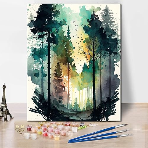 TUMOVO Pintura por números para adultos, pintura de bosque por números, acuarela, paisaje por números, para niños, paisaje natural, pintura por