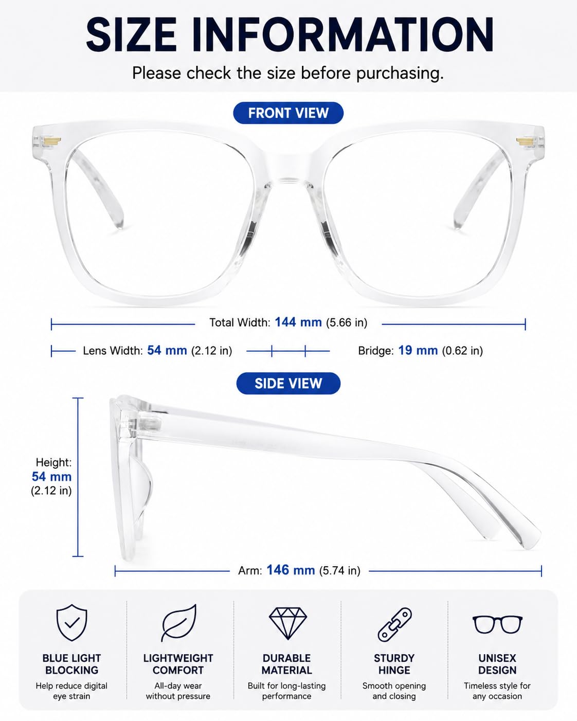Übergroße, quadratische Blaulicht-blockierende Brille für Damen und Herren, blendfrei, reduziert Überanstrengung der Augen (transparent)