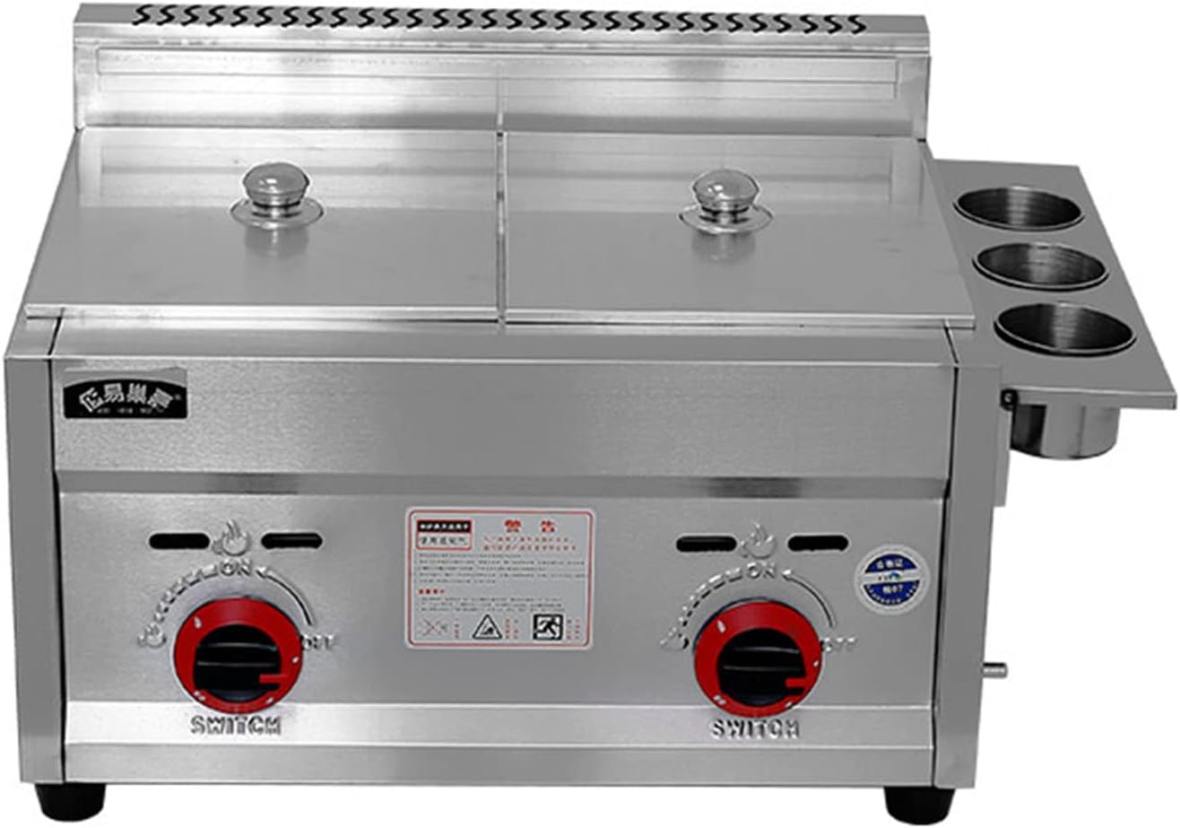 Professional Restaurant Commercial Gas Fryer, Stainless Steel Tabletop Double-slot Lpg Deep Fryer, Outdoor Gas Fryer With Frying Basket and Lid, Suitable for Outdoor Food Cooking In Home Kitchen