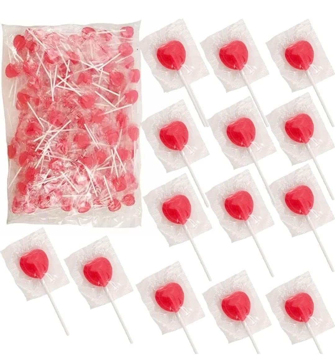Heart Shaped Lollipops - Cherry Flavoured Heart Shaped Lollipops (200 Lollipops) - Individually wrapped - Couples Gift - Valentines Day Lover's Gift, Wedding Favours - Sharing Gift