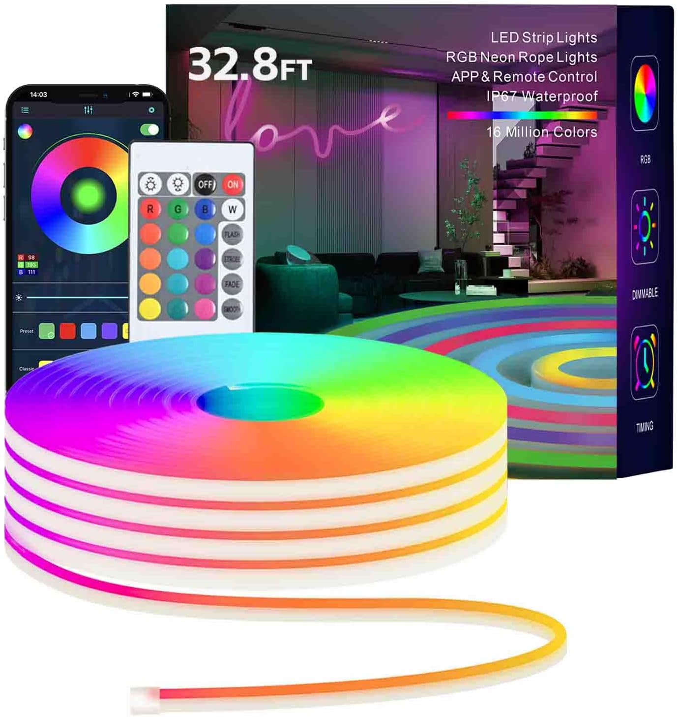 Led Strip Lights, RGB 32.8FT Neon Rope Lights for Bedroom App+Remote Control Music Sync Color Changing Outdoor IP67 Waterproof for Bedroom,Living,Gaming,Party Decoration