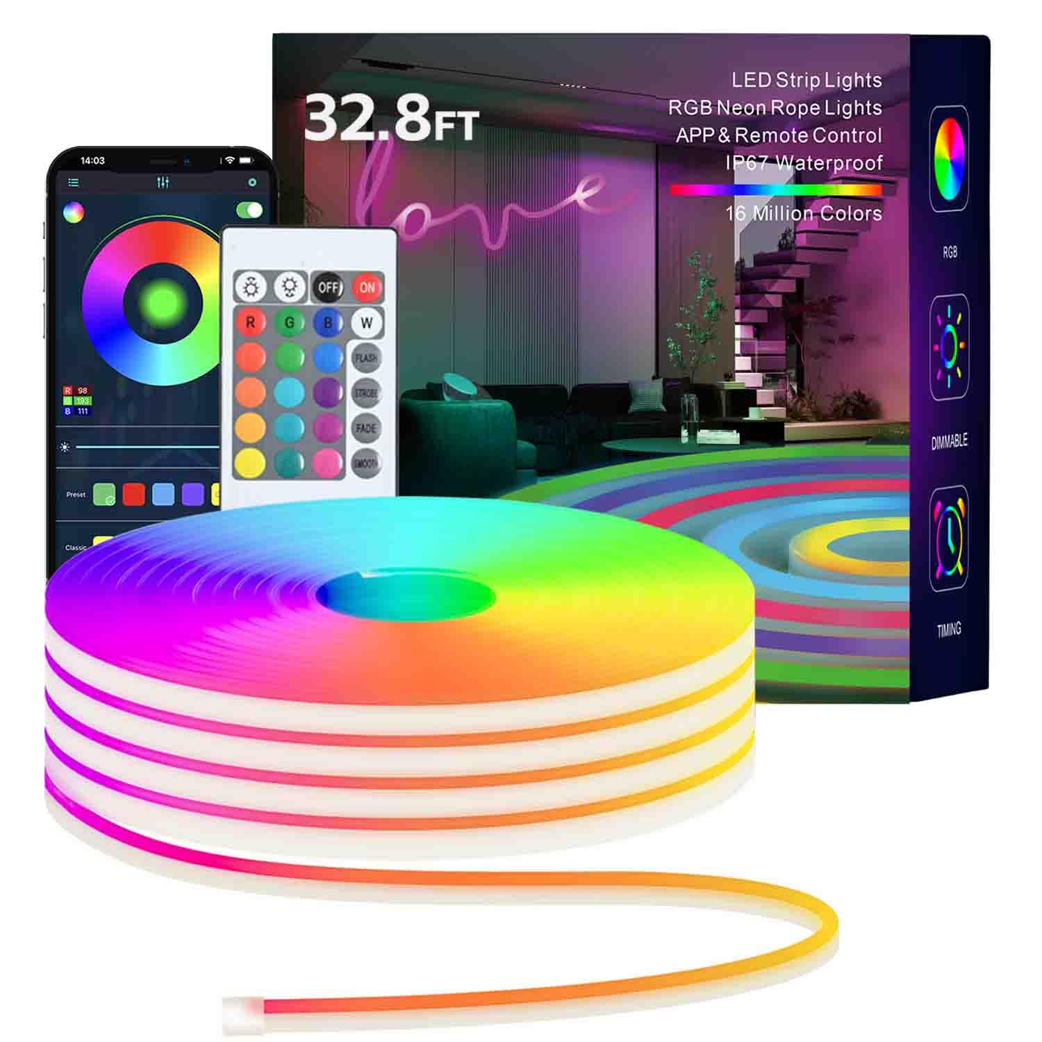 Led Strip Lights, RGB 32.8FT Neon Rope Lights for Bedroom App+Remote Control Music Sync Color Changing Outdoor IP67 Waterproof for Bedroom,Living,Gaming,Party Decoration