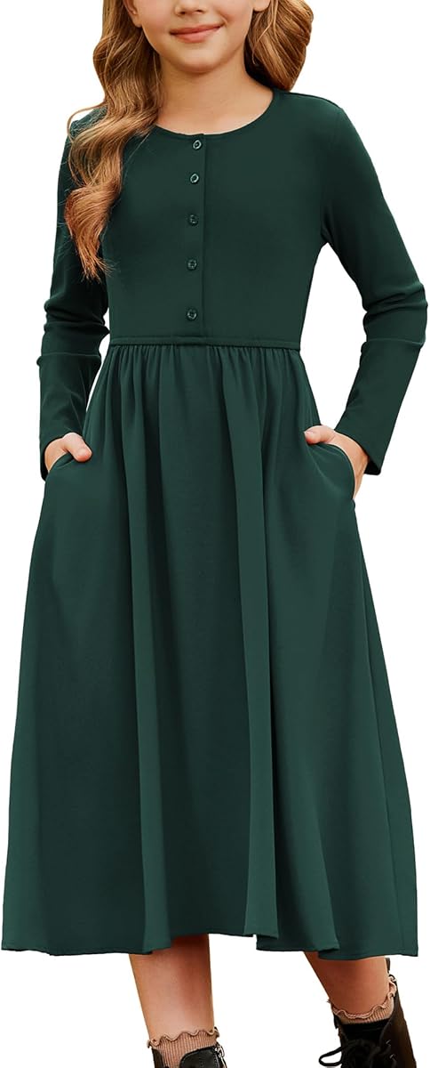 GRACE KARIN Girls Long Sleeve Maxi Dress Modest Fall Winter Casual 7-14Y | Seam Pockets, Contrast Fabric Design, Midi Length, Button-Front Top, Elastic Waist, for Semi-Formal, Holiday, Church