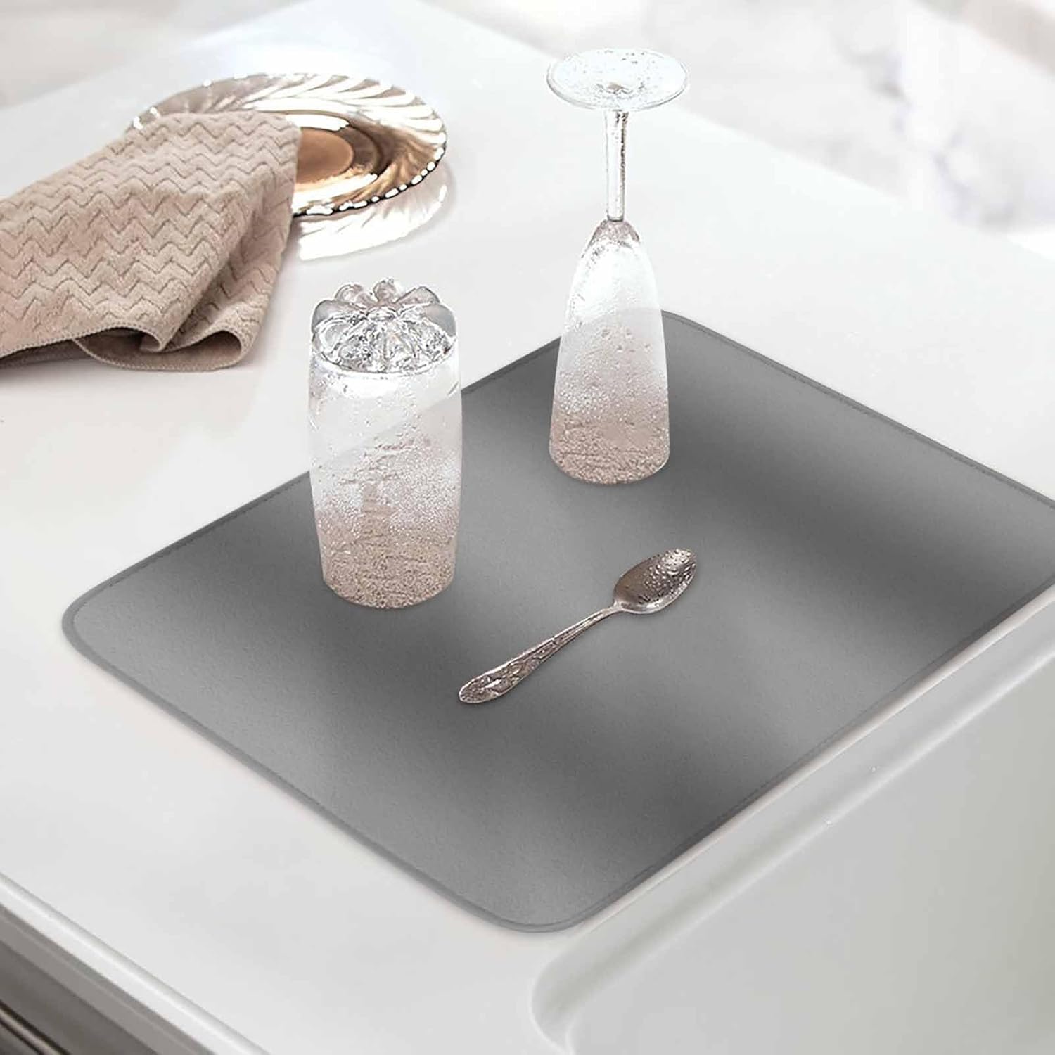 Dish Drying Mat Set of 2 Gray Gradient Texture Microfiber Absorbent Reusable Washable Dish Drying Rack Mat Abstract Ombre Grey Coffee Mat for Coffee Maker Bar Kitchen Countertops 18x24inch