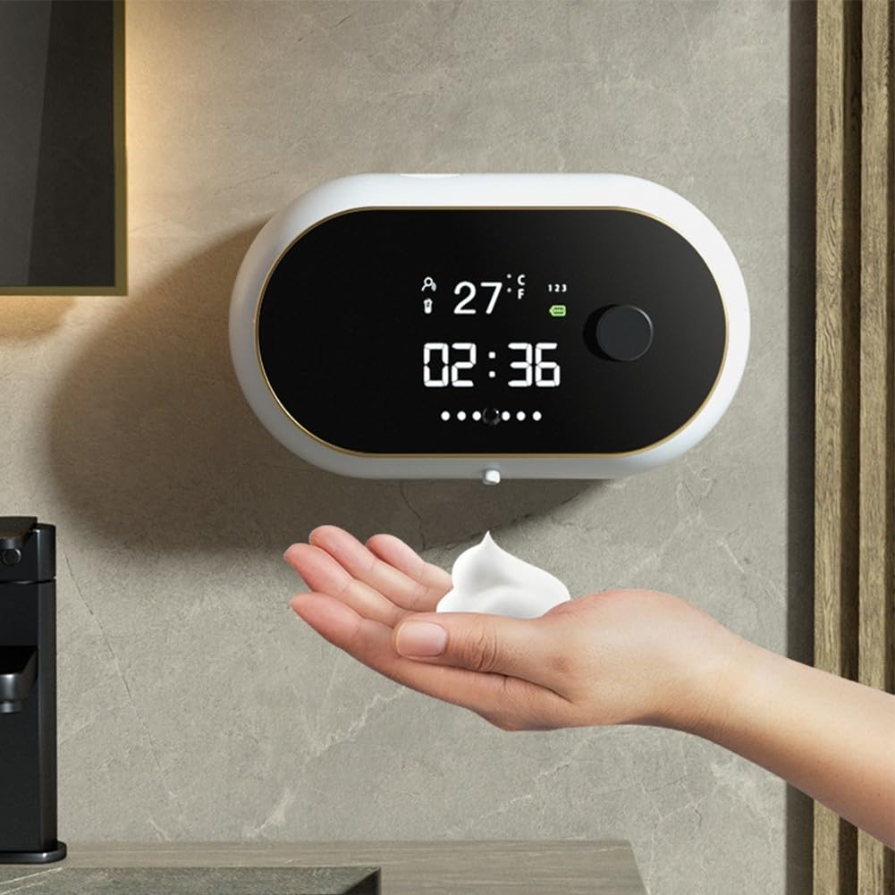 Dispenser automatico di sapone da parete, senza contatto, ricaricabile tramite USB, con sensore IR, temperatura oraria, 450 ml, per cucina e bagno (gel nero)