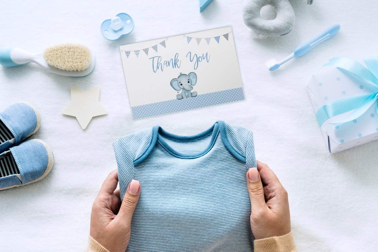 VNS Creations 50 Baby Shower Thank You Cards - Boy Baby Shower Thank You Cards- Baby Shower Cards - Elephant Baby Shower Thank You Cards - Baby Boy Shower Card with Envelopes & Stickers (Blue)