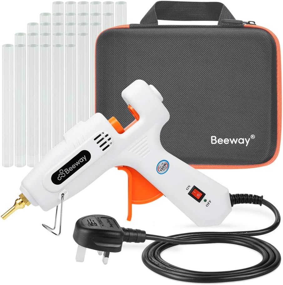 BEEWAY Hot Glue Gun 100W - inc. 30 Pack 11.2mm x 150mm Glue Sticks, Extra Long Copper Nozzle, Compact Storage Carrying Case - Professional