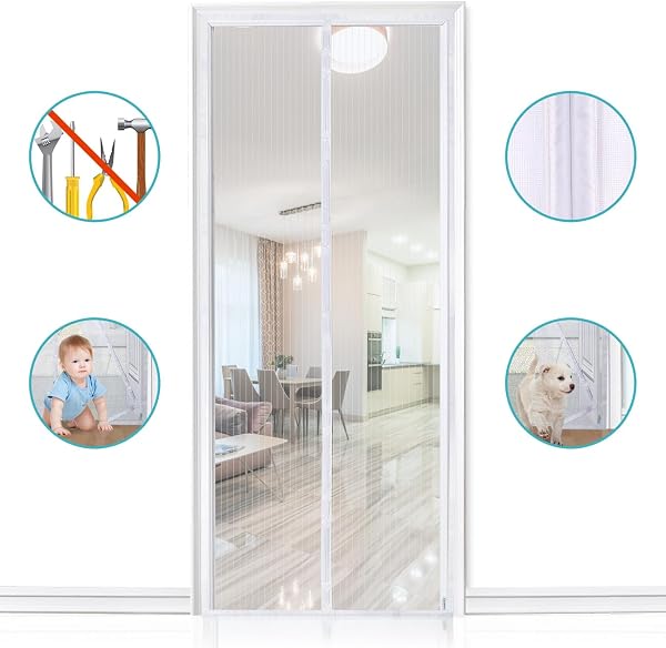 Mosquitera magnética para puerta de Apalus, cortina de malla, junta magnética de arriba a abajo con cierre automático, mantiene el aire fresco en el interior (80x200 CM, Blanco) - 3