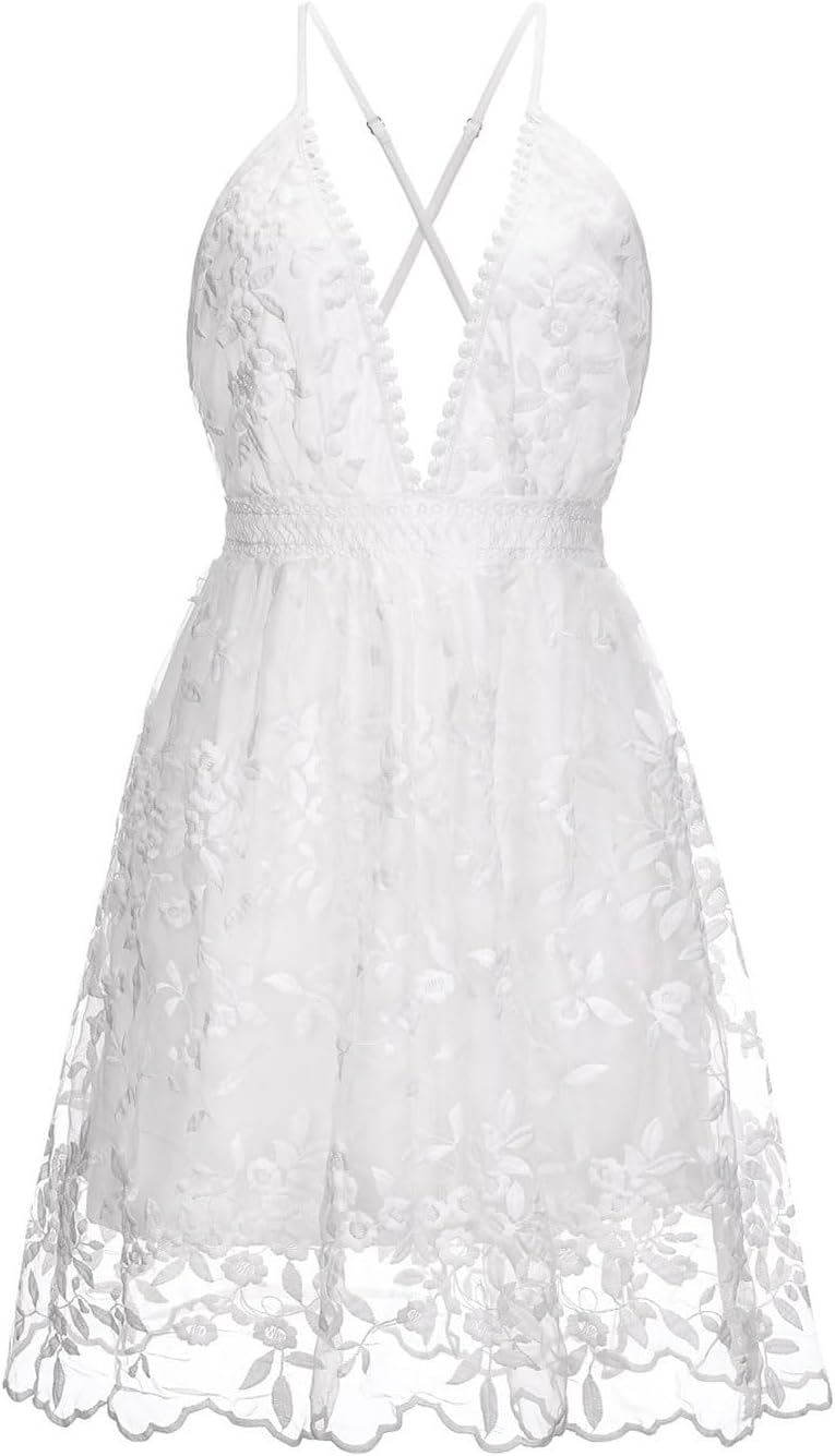 Women Summer V-Neck Slip Adjustable Spaghetti Straps Lace Backless White Party Club Beach Midi Dresses