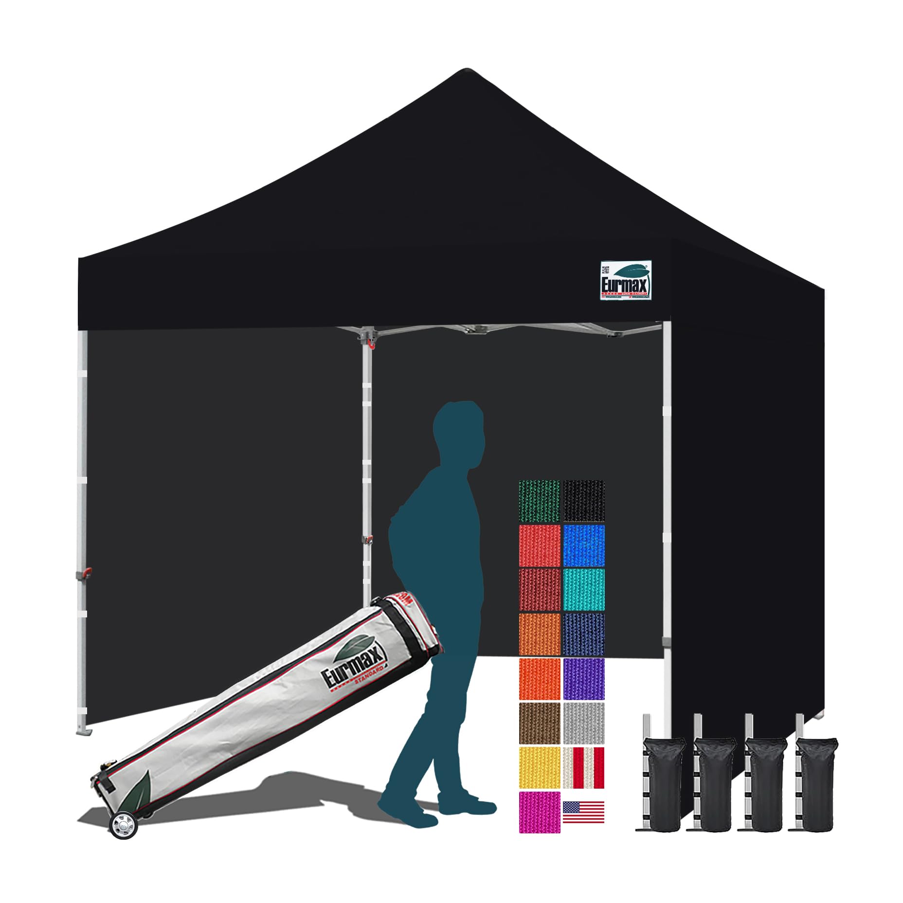 Eurmax USA 10x10 Pop Up Canopy Tent,Commercial Tent with Patented No-Tip Rolling Bag,4 Zippered Removable Walls,UV &amp; Water Resistant Canopy Top,Heavy Duty Outdoor Gazebo,Instant Shelter(Black)
