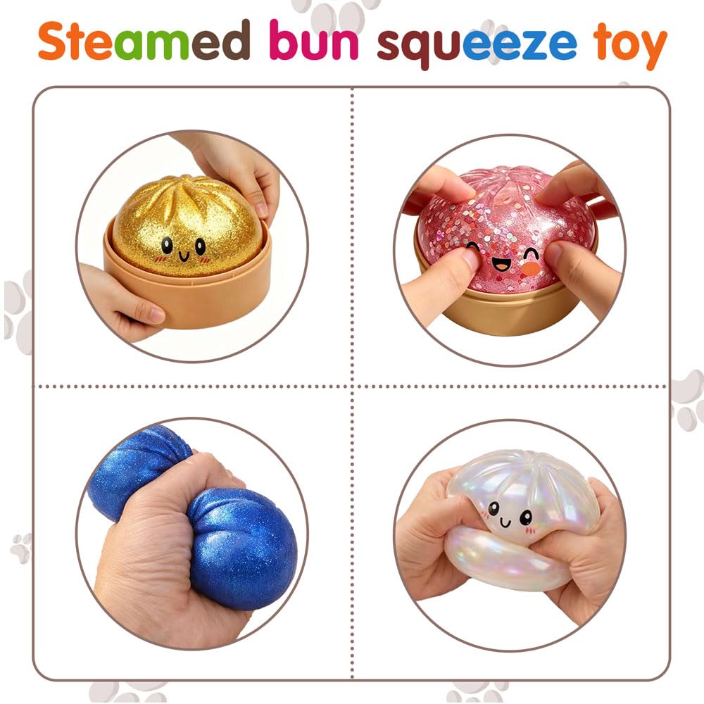 Dumpling Squishy, Glitter Dumpling, Giant Dumpling Squishy with Steamer Box, Stressball Langsame Rückfederung, Stressabbau-Spielzeug für Erwachsene (Gold) - 5