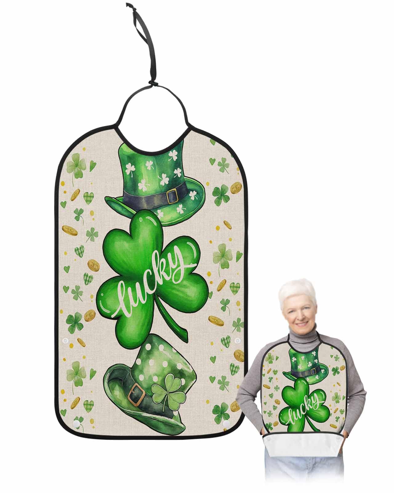 LEOKOTI Green St. Patrick's Day Adult Bibs for Eating, Waterproof Bibs with Food Catcher & Adjustable Snap Closure, Lucky Clovers Love Heart Rustic Washable Clothing Protectors Adult Bibs for Elderly