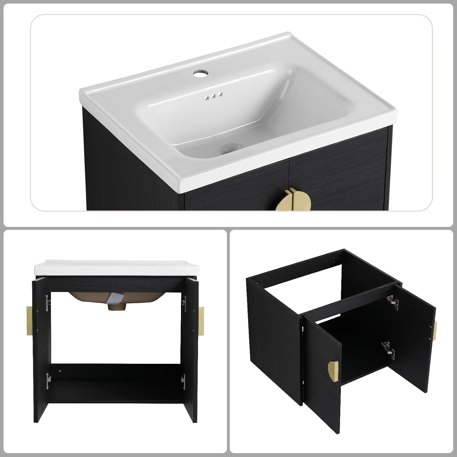 Floating Bathroom Vanity with Sink, 24" Wall-Mounted Vanity with Ceramic Basin & 2 Soft-Close Doors Cabinet, Small Bathroom Storage Cabinet with Metal Semi-Circle Handle, Black Chestnut