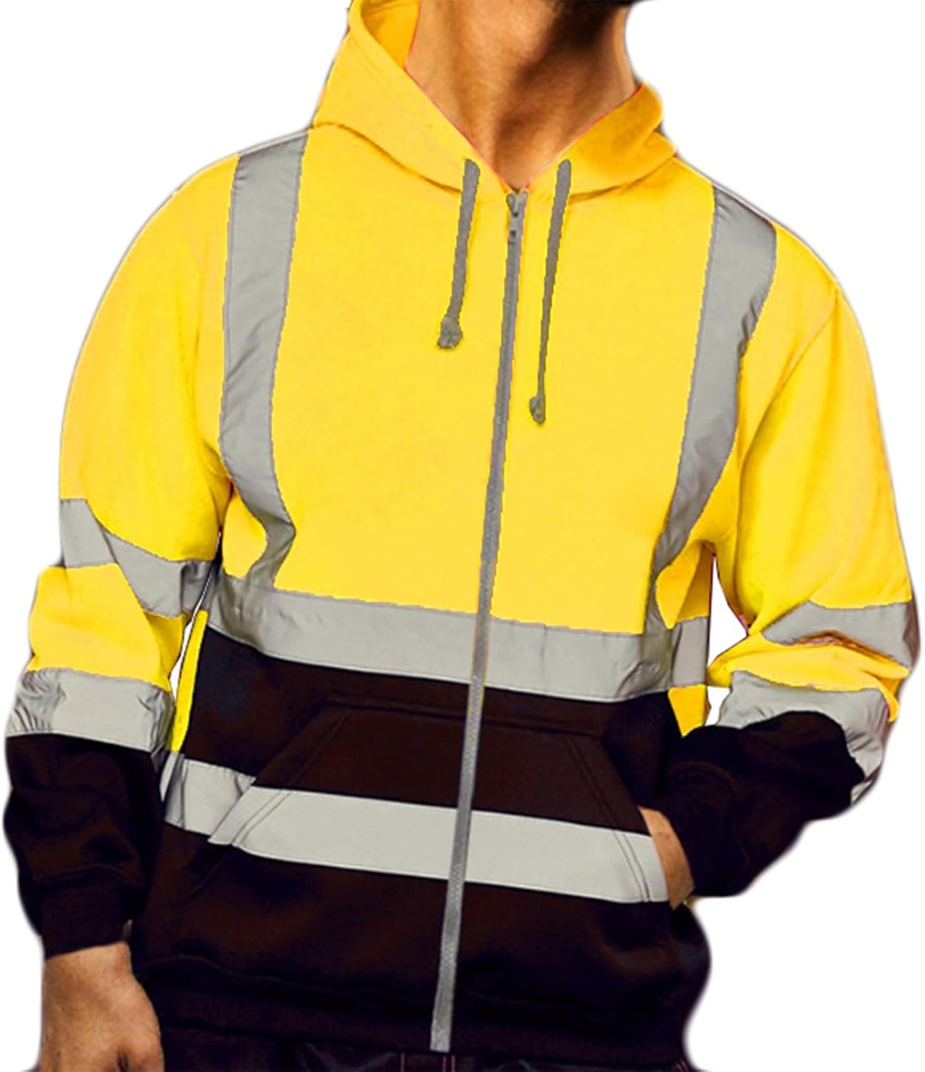 Hi Vis Work Safety Hoodies for Men Class 3 High Visibility Reflective Hooded Jacket Zipper Sweatshirts Black Bottom Pockets