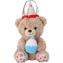 Linzy 8.5 Light Up Bear Stuffed Animal with Party Hat & Cupcake, Soft Musical Plush Toy with Magic LED Lights, Glowing Cute Plushie Teddy Bear, Birthday for Toddlers Kids & Adults