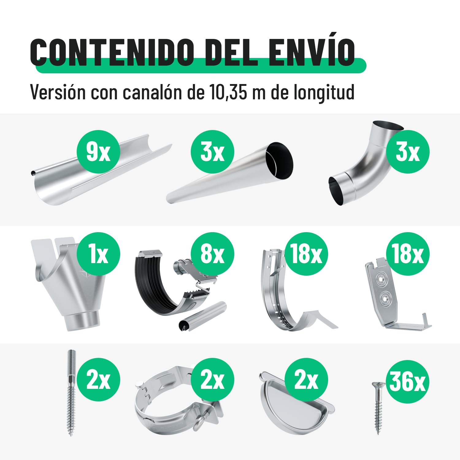 greate Kit Canaleta Agua 10,35 m con bajante galvanizado incl. | instrucciones - 280 Canalon zinc para caseta de jardín, cochera etc. - Canalones y Bajantes montaje fácil