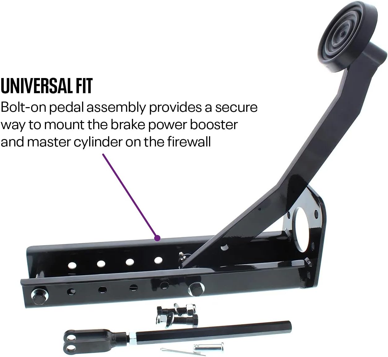 Universal Under-Dash Brake Pedal Mount Bracket: Adjustable Pivot Points, 3-3/8" x 3-3/8" Bolt Pattern, Ideal for Master Cylinder Floor-Mount Conversions, Includes Clevis & Pushrod, Secure Mounting