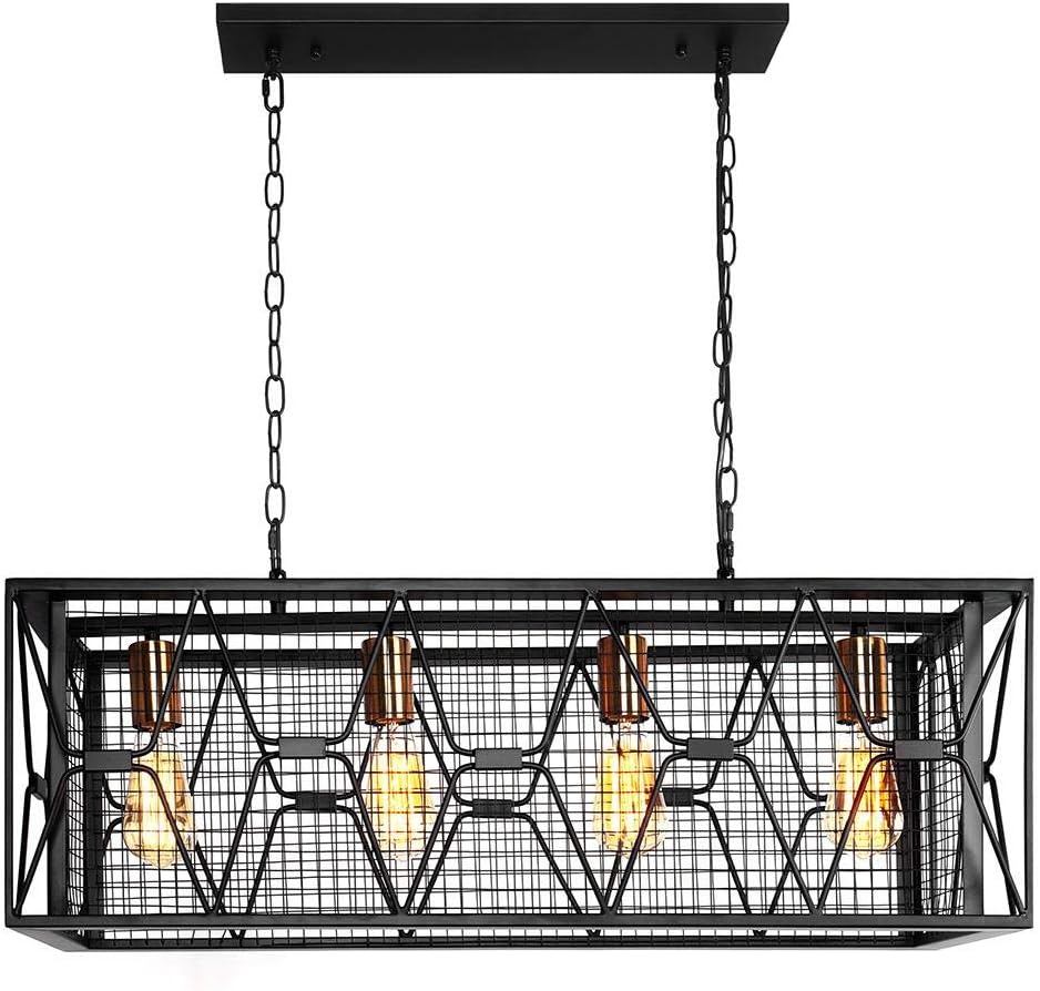 OYIPRO Farmhouse Chandelier Pendant Lighting, 4 Lights Industrial Rectangular Retro Rustic Ceiling Lights for Kitchen Island Dining Room Rectangle Black Light