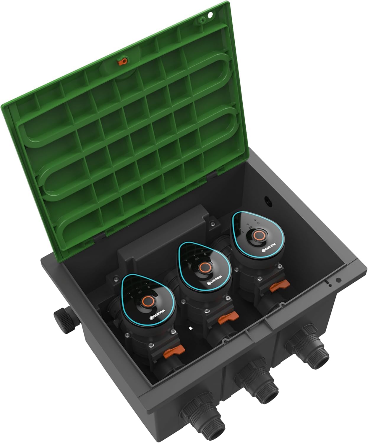 GARDENA Set pozzetto pre-cablato 9 V Bluetooth: scatola per installazione a pavimento per l’interramento di valvole di irrigazione a batteria, programmabili tramite app (1286-20) + Duracell 9V 2