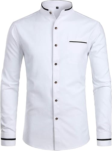 ZEROYAA Camisa de vestir Oxford de manga larga con cuello mandarín para hombre, estilo hipster, casual, con botones y bolsillo